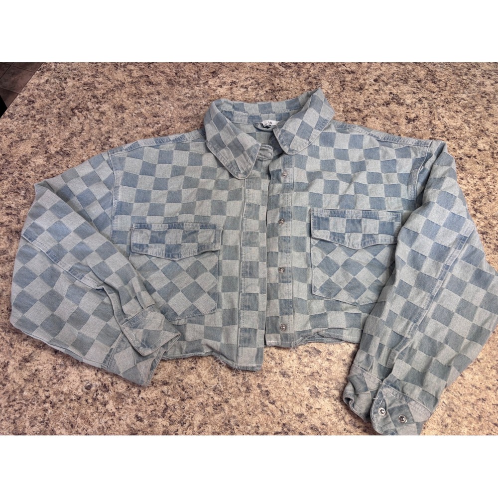 Urban Daizy Womens Large Blue Checkerboard Cropped Denim Jacket